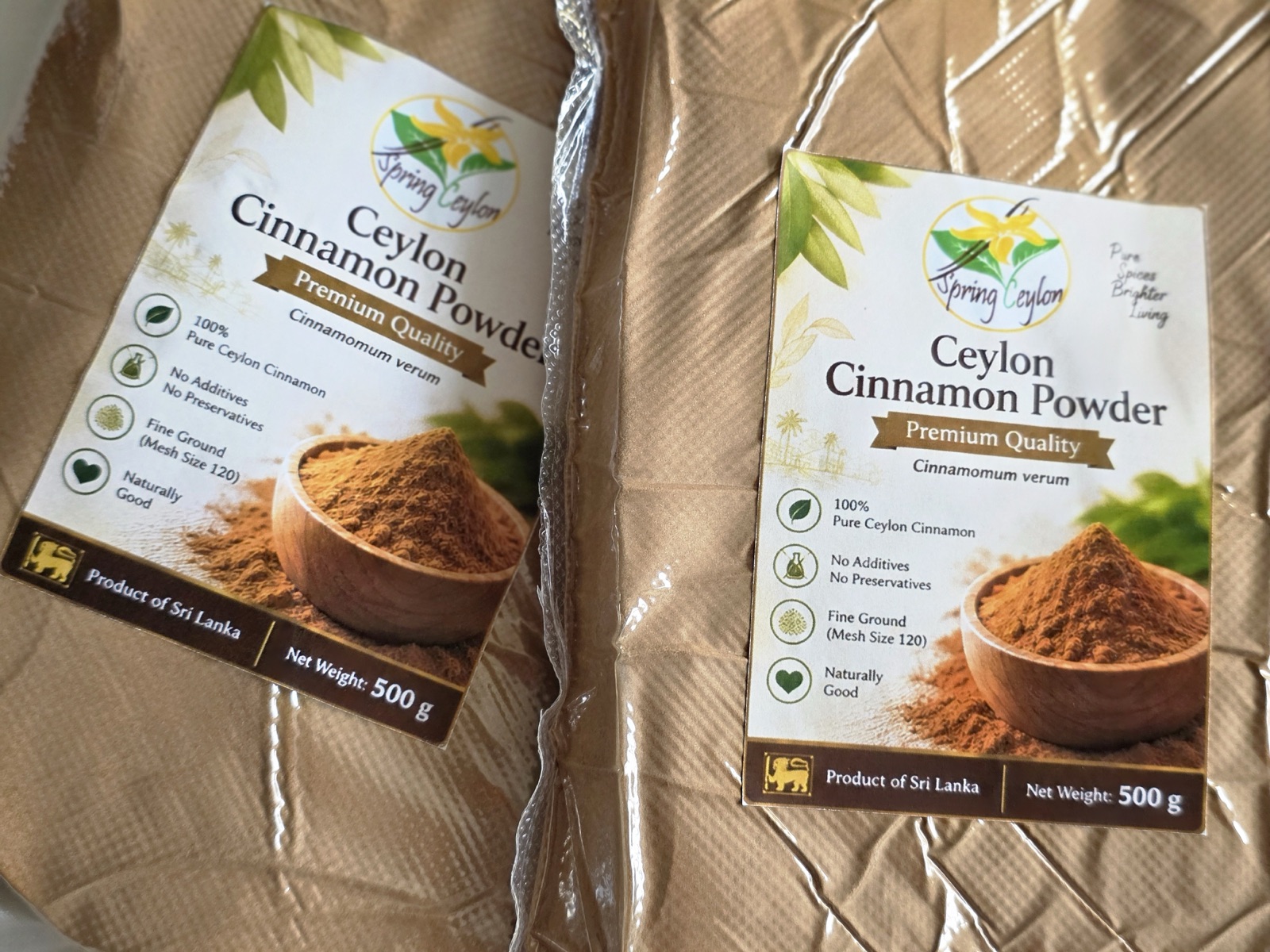 Vacuum-packed bags of Ceylon Cinnamon Powder, No. 1 Grade
